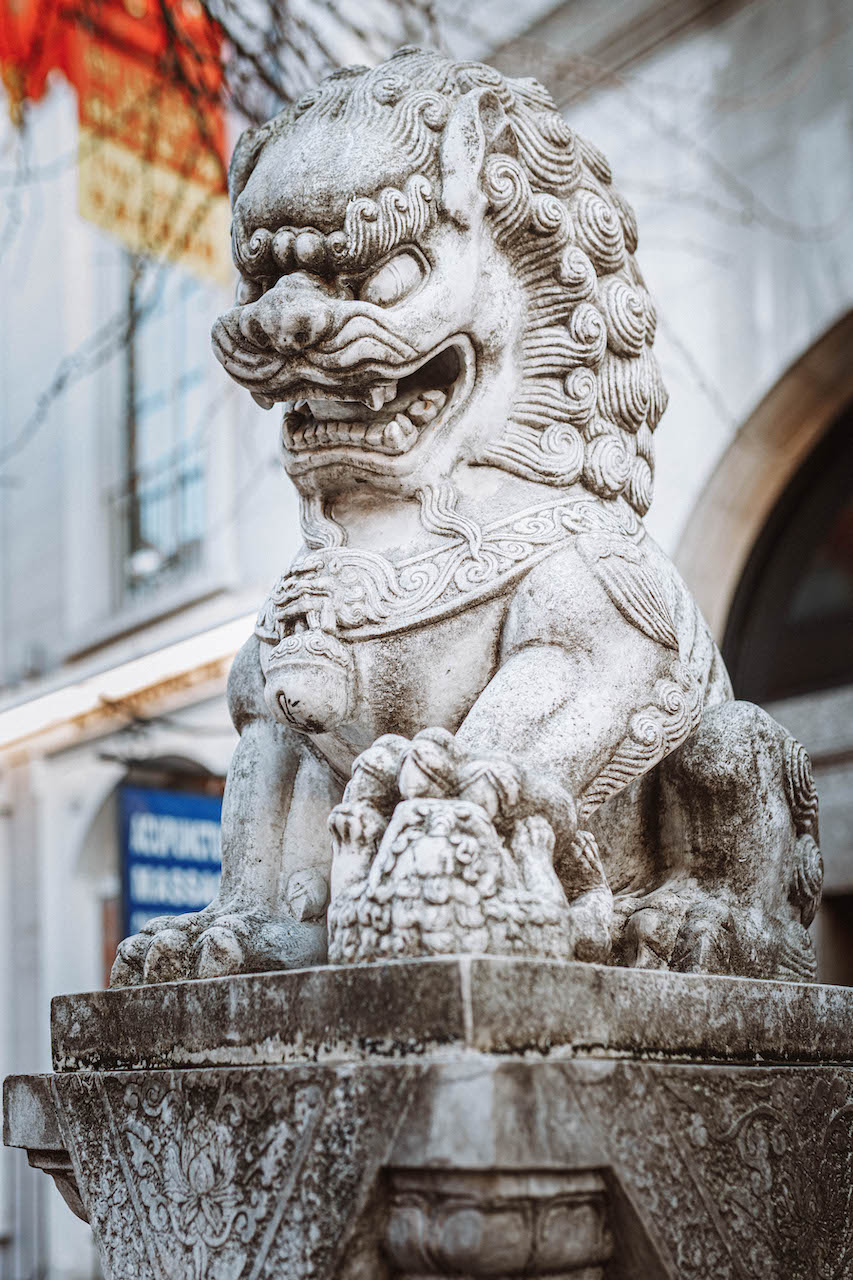 Symbol of a stone guardian lion in London's Chinatown