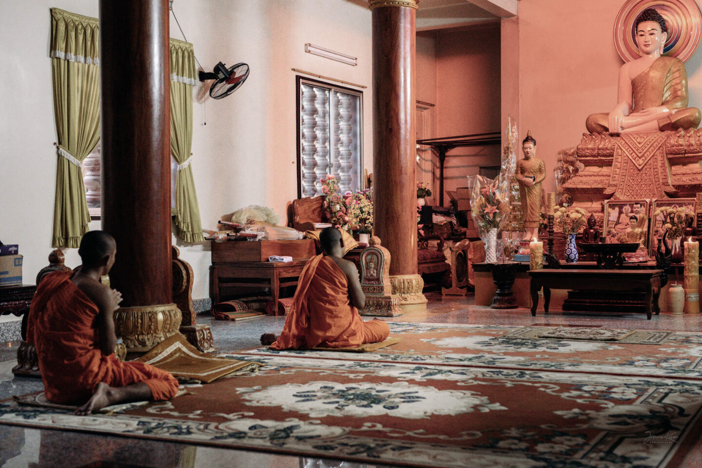 Theravada Buddhist monks pray in a Khmer temple in Tra Vinh province, Southern Vietnam.