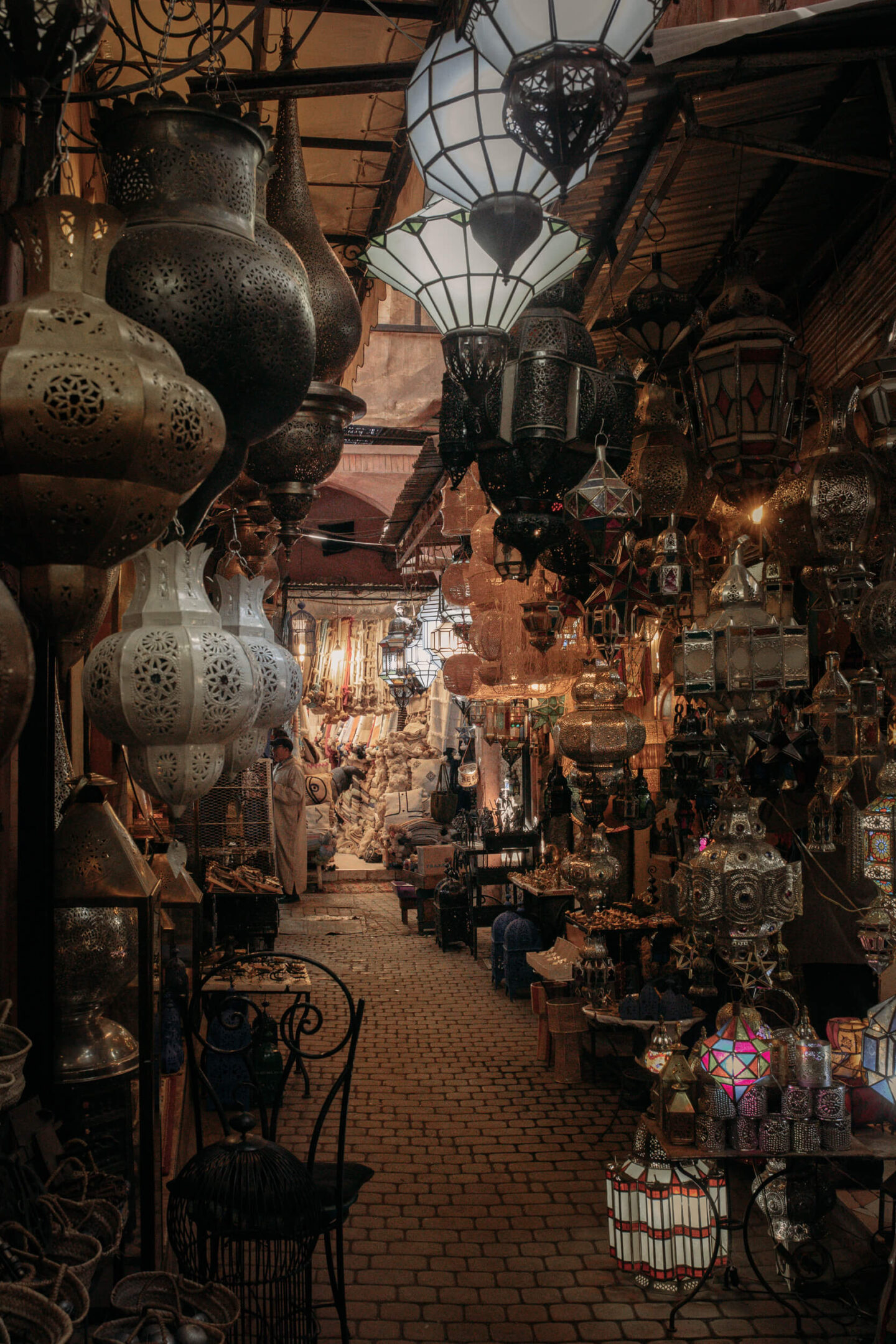 Souk with lanterns and lamps in the medina, Marrakech 
